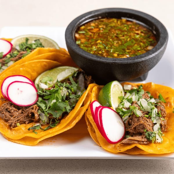 Three Homemade Taqueria birria tacos with limes, radishes, cilantro, and a side of consommé.