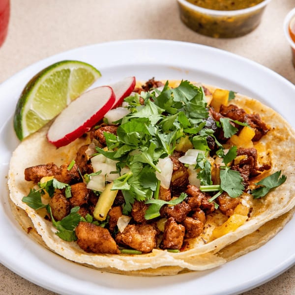 Al pastor taco from Homemade Taqueria, topped with cilantro, onions, and pineapple, with lime and radish.