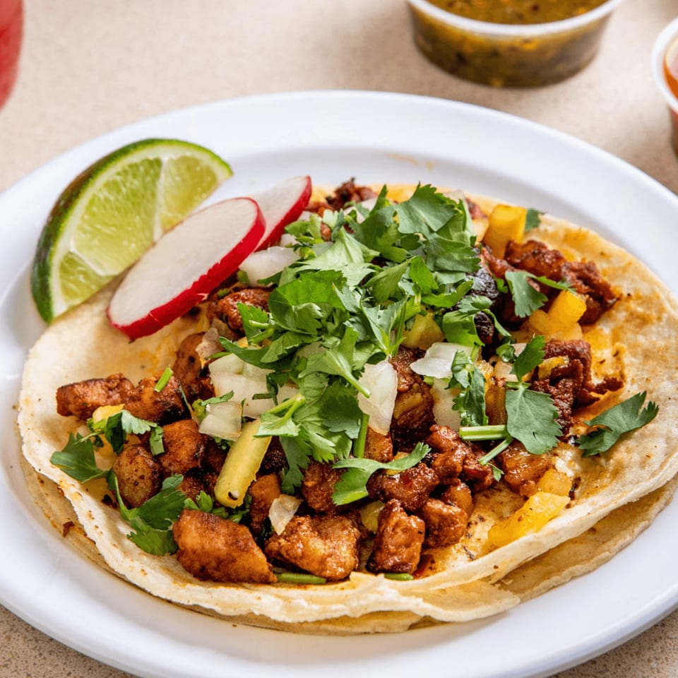 Al pastor taco from Homemade Taqueria, topped with cilantro, onions, and pineapple, with lime and radish.