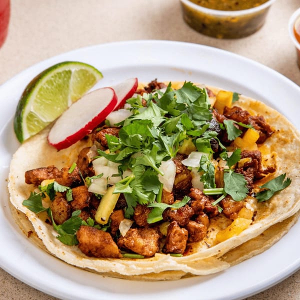 Al pastor taco from Homemade Taqueria, garnished with cilantro, onions, radish, and lime.