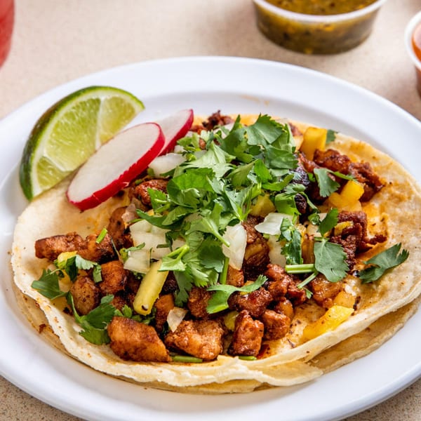 Al pastor taco with pork, pineapple, cilantro, onions, lime, and radish on a white plate.