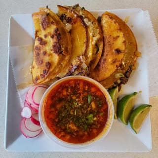 3 Birria and Cheese Tacos with Consomé 